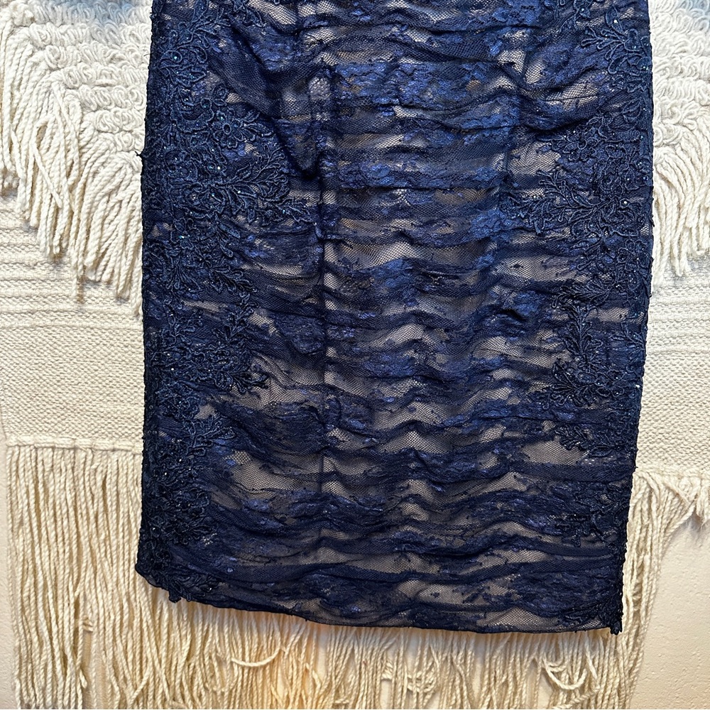 LA FEMME navy blue ruched mesh floral applique mother-of-the-bride dress 12 - Picture 3 of 11